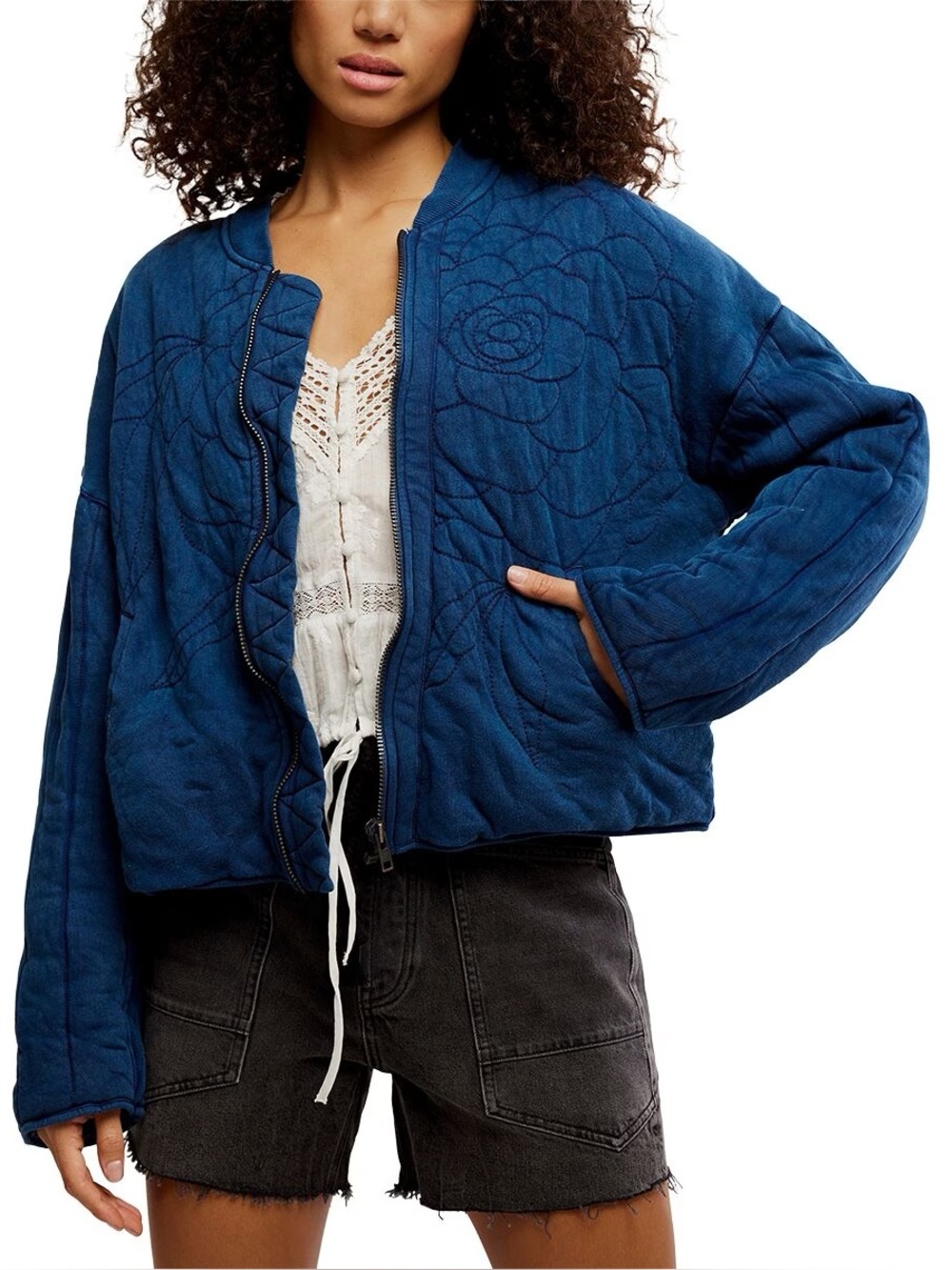 Free People Quilted Bomber Jacket Rose Print Indigo NWT Medium, 100% Cotton
